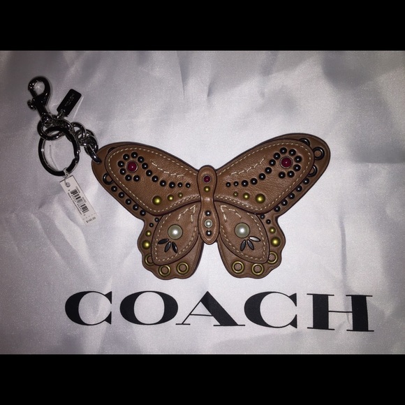 ✨NEW✨COACH Large Studded Leather Butterfly Bag Charm - Brown Saddle/Silver - Picture 12 of 14